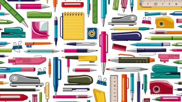 eine Sammlung von bunten Stiften, Notizbüchern, Stiften und Stiften