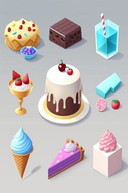 Eine Sammlung von Desserts, darunter Kuchen, Eis und Cupcake.