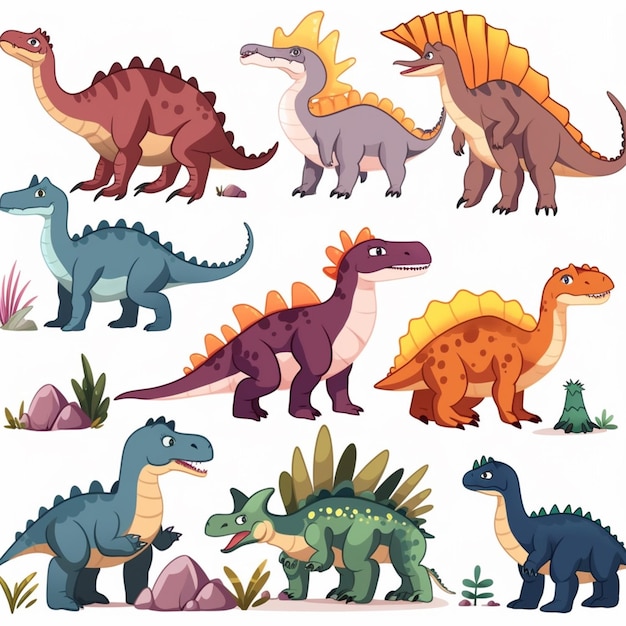 Foto eine sammlung von dinosauriern in verschiedenen farben, darunter der name stegosaurus.
