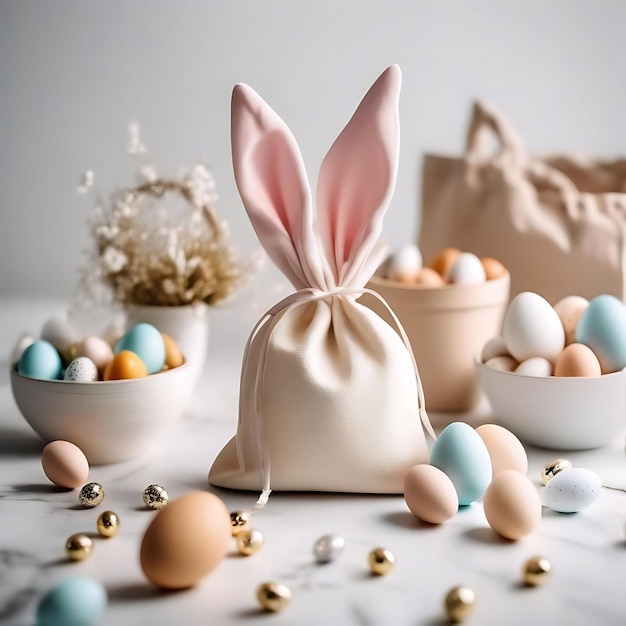 eine Sammlung von Eiern, darunter ein Kaninchen, Kaninchenohren und ein Eierbeutel
