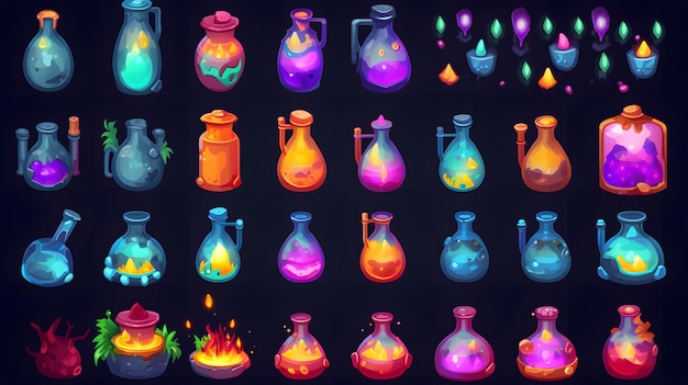 Eine Sammlung von Flaschen mit verschiedenen Farben und dem Wort Magie darauf
