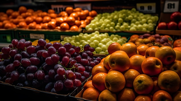 Eine Sammlung von Früchten auf einem Supermarktregal, frische Obstprodukte im Einkaufszentrum, generative KI