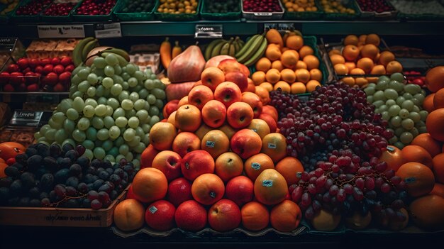 Eine Sammlung von Früchten auf einem Supermarktregal, frische Obstprodukte im Einkaufszentrum, generative KI