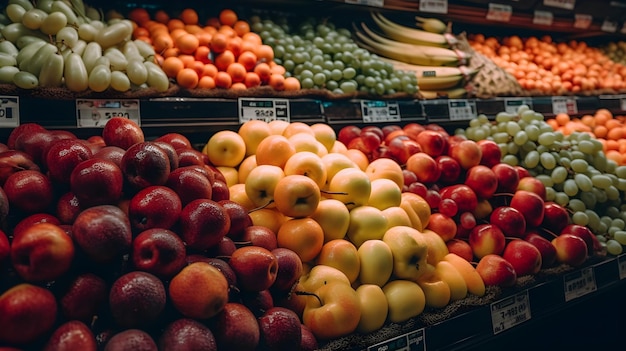 Eine Sammlung von Früchten auf einem Supermarktregal, frische Obstprodukte im Einkaufszentrum, generative KI