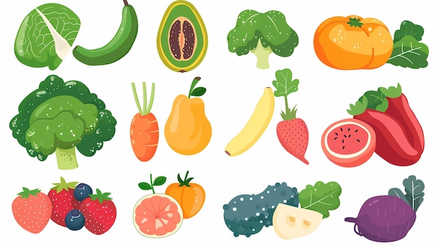 eine Sammlung von Früchten, darunter Brokkoli, Bananen und andere Früchte