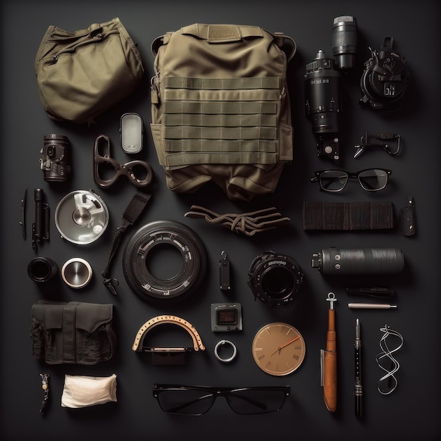 Eine Sammlung von Gegenständen, darunter eine Kamera, eine Kamera, eine Kamera, eine Kamera, eine Kamera und eine Tasche.