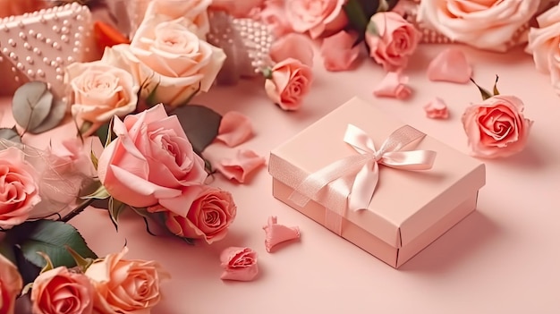 Eine Sammlung von Geschenkkisten und rosa Blumen auf rosa Pastell-Hintergrund für Valentinstag Banner-Design