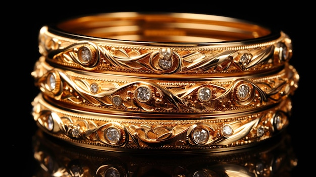 Eine Sammlung von Goldarmbändern und Armbändern mit Diamanten auf schwarzem Hintergrund