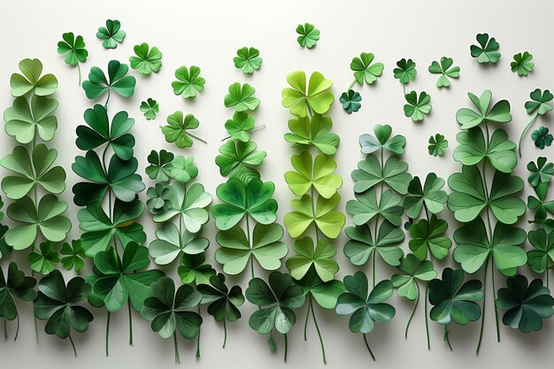 Eine Sammlung von grünblättrigen Pflanzen, die gegen eine weiße Wand ausgestellt sind St. Patrick's Day