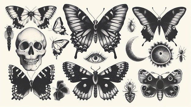 Eine Sammlung von handgezeichneten Illustrationen von Schmetterlingen, Motten und anderen Insekten