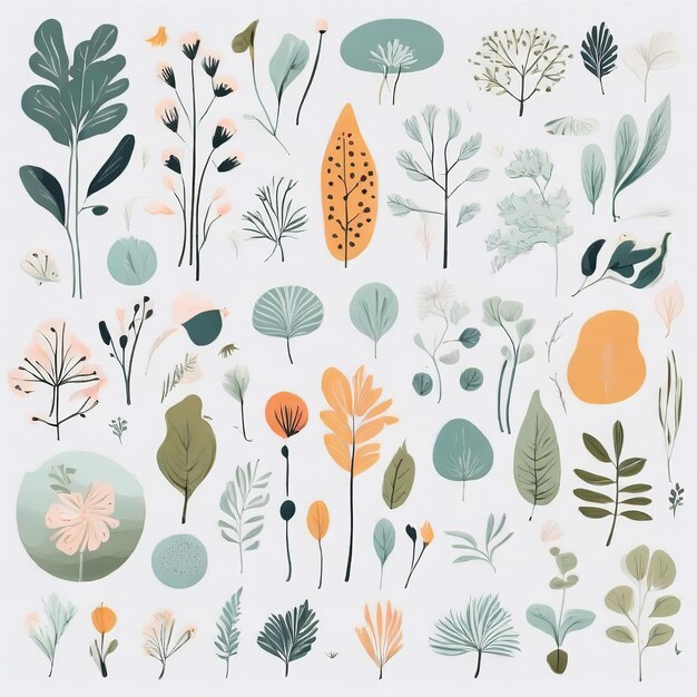 Eine Sammlung von handgezeichneten nahtlosen Mustern farbenfroher abstrakter Pflanzen und Blumen