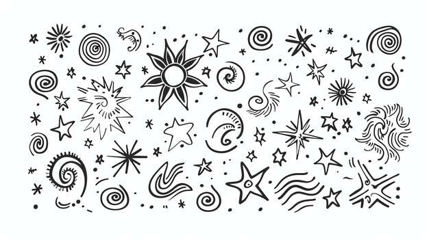 Eine Sammlung von handgezeichneten Sternen, Monden und anderen Himmelskörpern Die Illustrationen sind einfach und kindlich mit einer launischen Qualität
