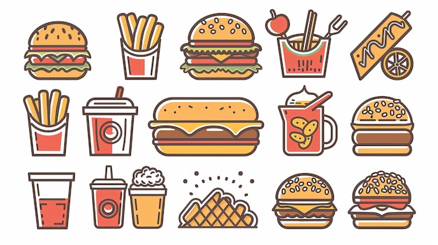 Eine Sammlung von Ikonen für Essen und Getränke, darunter Hamburger und Pommes Frites