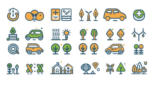 Foto eine sammlung von ikonen für verschiedene dinge, darunter autos, häuser und bäume. die ikonen sind alle in einem ähnlichen stil und sind in einem raster angeordnet.