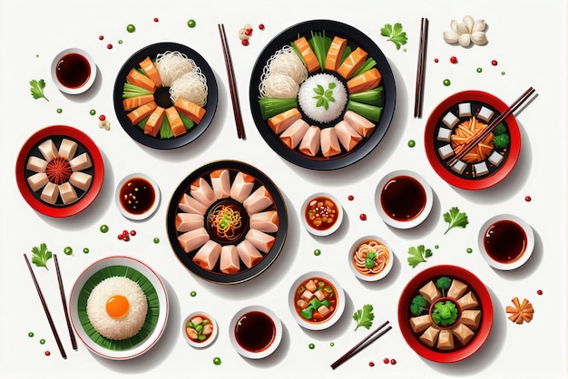 eine Sammlung von Illustrationen köstlicher chinesischer Gerichte, die für Restaurantmenüs oder Banner geeignet sind