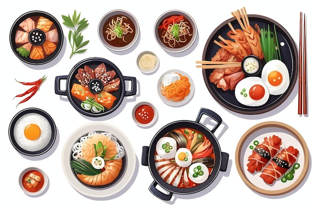 eine Sammlung von Illustrationen von köstlichen koreanischen Gerichten, die für Restaurantmenüs oder Banner geeignet sind