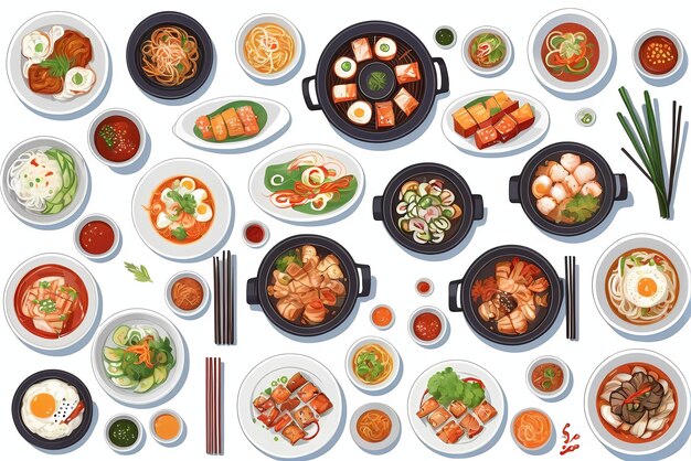 eine Sammlung von Illustrationen von köstlichen koreanischen Gerichten, die für Restaurantmenüs oder Banner geeignet sind