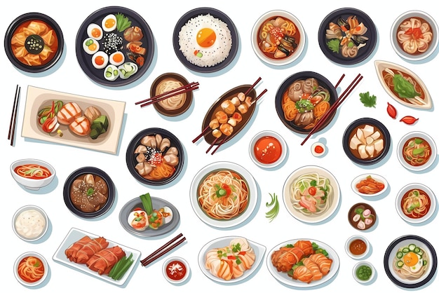 eine Sammlung von Illustrationen von köstlichen koreanischen Gerichten, die für Restaurantmenüs oder Banner geeignet sind