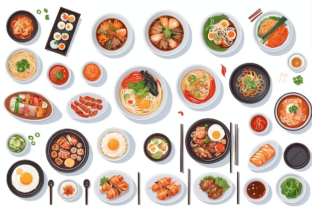 eine Sammlung von Illustrationen von köstlichen koreanischen Gerichten, die für Restaurantmenüs oder Banner geeignet sind