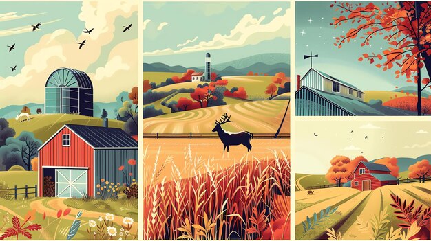 Eine Sammlung von Illustrationen von ländlichen Landschaften Die Bilder sind in einer Vielzahl von Stilen, aber sie alle teilen ein gemeinsames Thema von Frieden und Ruhe