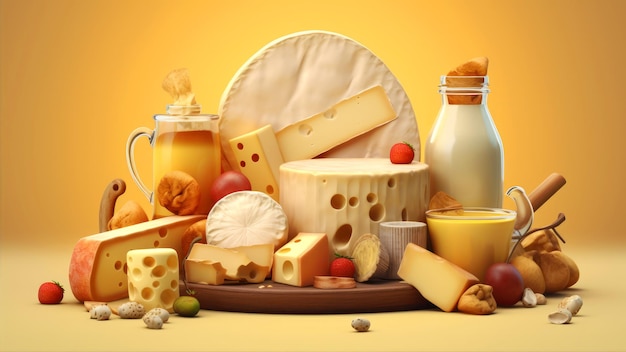 Eine Sammlung von Käse und Milch auf gelbem Hintergrund