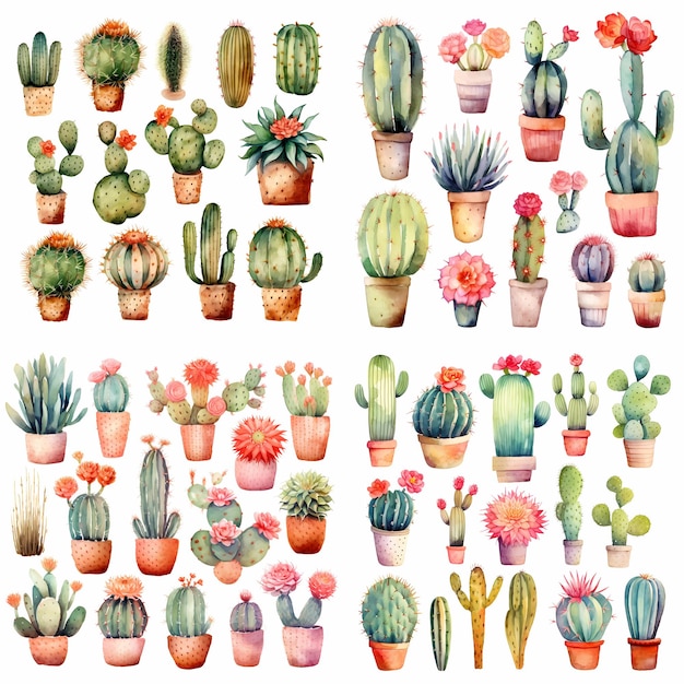 Eine Sammlung von Kakteen und Kaktusillustrationen, darunter Kakteen, Kakteen und Blumen.