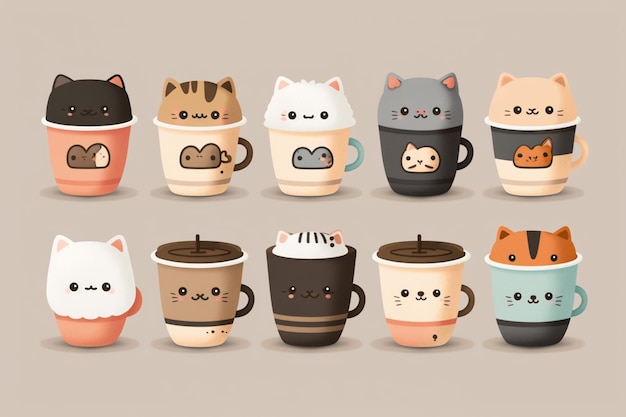 Eine Sammlung von Katzen in Tassen mit unterschiedlichen Designs.