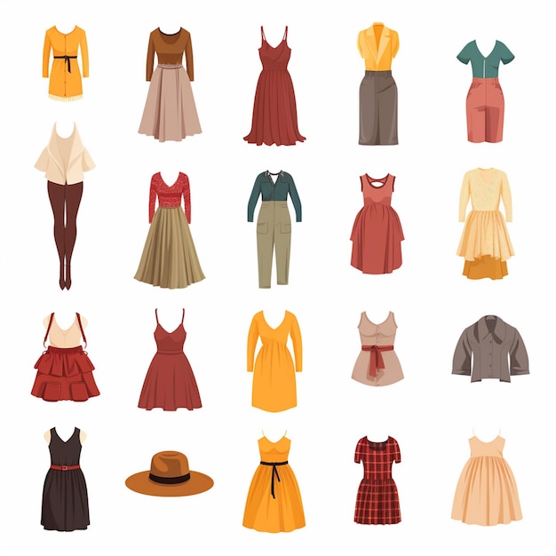 eine Sammlung von Kleidern, einschließlich Kleidern, Hüten und Hüten