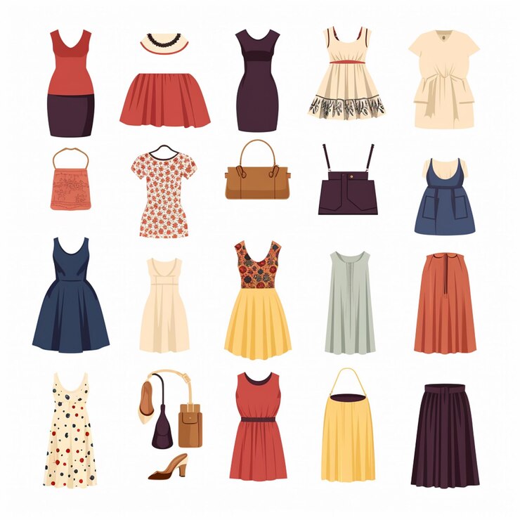 Foto eine sammlung von kleidern, einschließlich kleidern, hüten und taschen