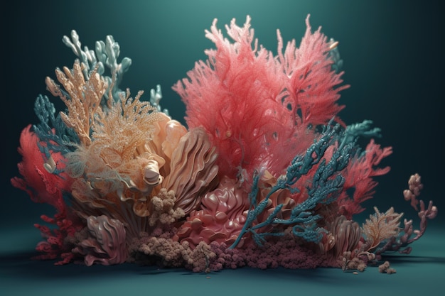 eine Sammlung von Korallen und Algen vor einem blauen Hintergrund