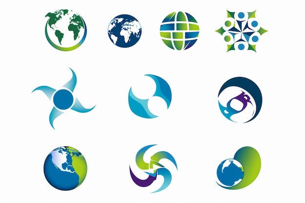 eine Sammlung von Logos, einschließlich der Welt und der Erde