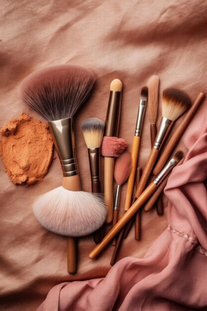 Eine Sammlung von Make-up-Pinseln auf einem rosa Tuch