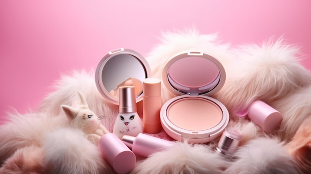 Eine Sammlung von Make-up-Produkten, darunter eine Katze.