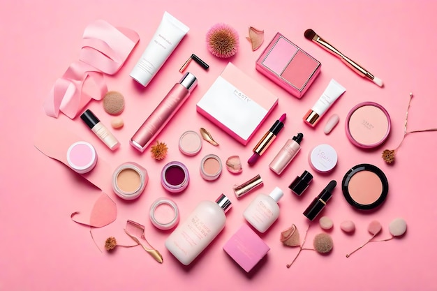 Eine Sammlung von Make-up-Produkten, darunter rosa und weiß.