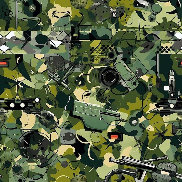 Eine Sammlung von Militärfahrzeugen und Waffen, darunter eines mit der Aufschrift „Krieg“.