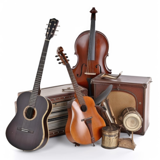 Eine Sammlung von Musikinstrumenten, darunter eine Geige und eine Trommel