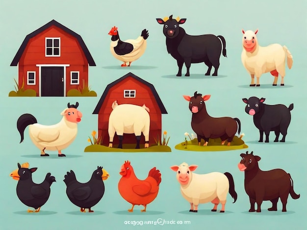 eine Sammlung von Nutztieren, darunter ein Bauernhof und eine Scheune mit einer Scheune im Hintergrund