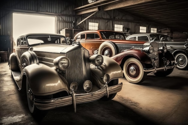 Eine Sammlung von Oldtimern in einer gepflegten Garage mit glänzendem Metall und poliertem Lack