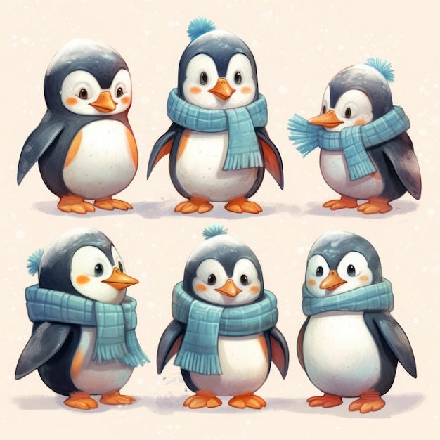 Eine Sammlung von Pinguinen in verschiedenen Posen.