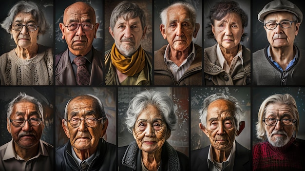 Eine Sammlung von Porträts älterer Menschen aus verschiedenen Kulturen und Hintergründen