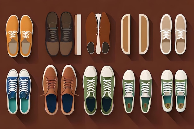eine Sammlung von Schuhen auf einem braunen Tisch mit einem, auf dem "Sneakers" steht.