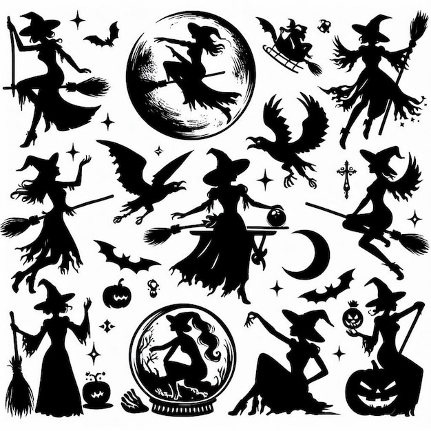 eine Sammlung von schwarz-weißen Illustrationen, darunter eine Hexe und der Mond