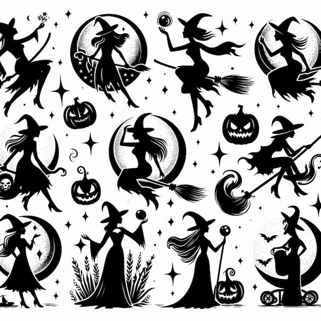 eine Sammlung von schwarz-weißen Illustrationen, darunter Hexe und Hexe