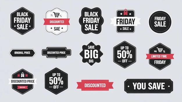 eine Sammlung von schwarz-weißen Schildern mit einem Black Friday-Verkaufsteg
