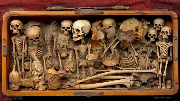 Eine Sammlung von Skeletten in einer Holzkiste.