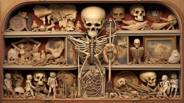 Eine Sammlung von Skeletten mit einem Teufel, der einen Dreizack hält.