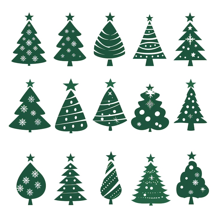 Foto eine sammlung von weihnachtsbäumen mit schneeflocken