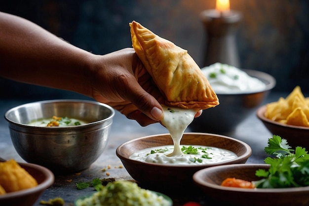 Foto eine samosa, die in joghurt raita getaucht wird