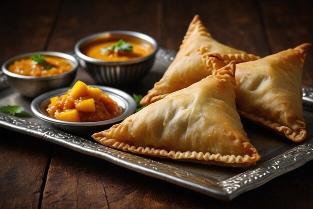 Eine Samosa mit Mango-Chutney