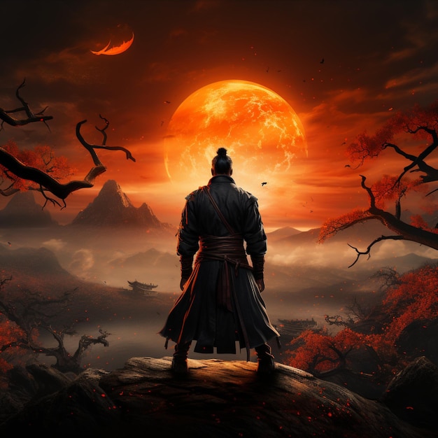 Eine Samurai-Haltung mit dem Sonnenuntergang als Hintergrund für die Größe von Social-Media-Beiträgen